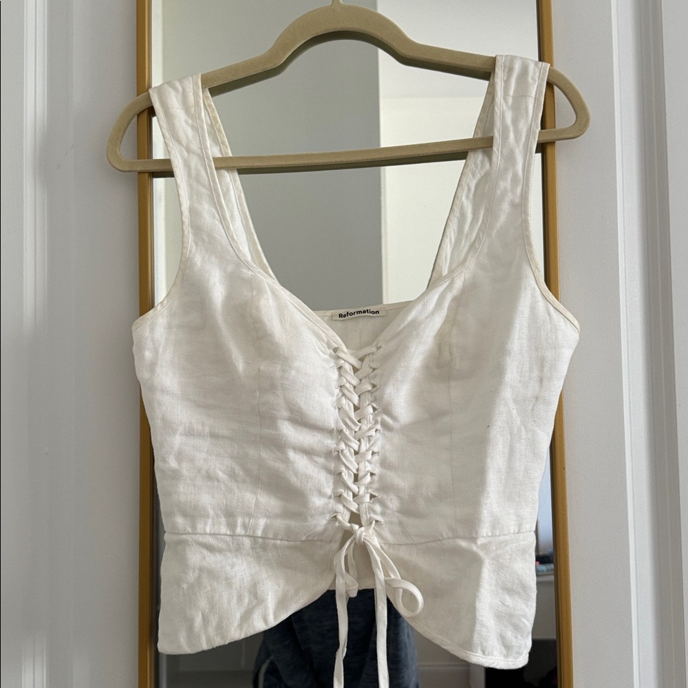 Reformation White 100% Linen Lace-Up Top (Size 6)